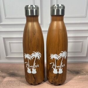 Fender Water Bottle 17oz Brown Wood Grain Twin Palm Guitar Graphic Set of 2